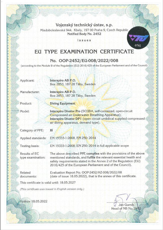 Divator Pro SCUBA and DP1 Certificate