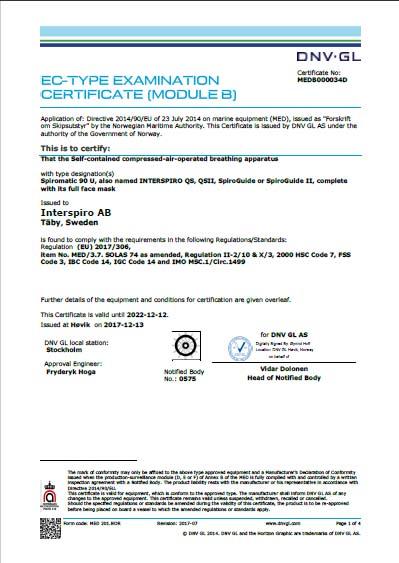 SCBA Marine Equipment Directive Module B Certificate